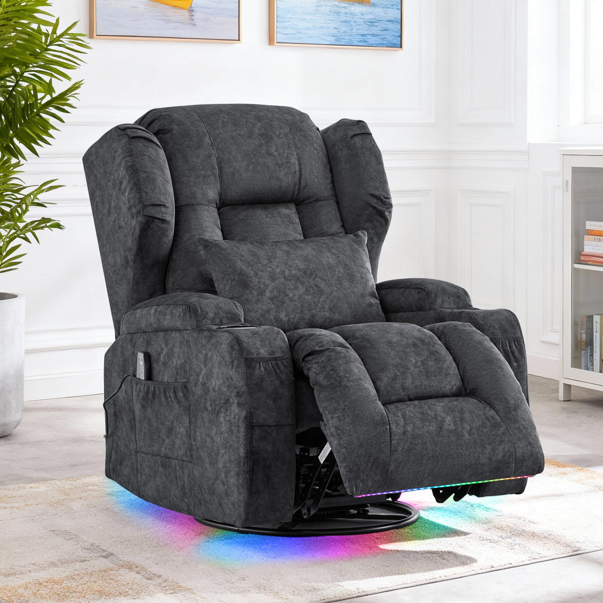 Velvet Gray Power Swivel Rocker Recliner Chair with Massage & Heat E529