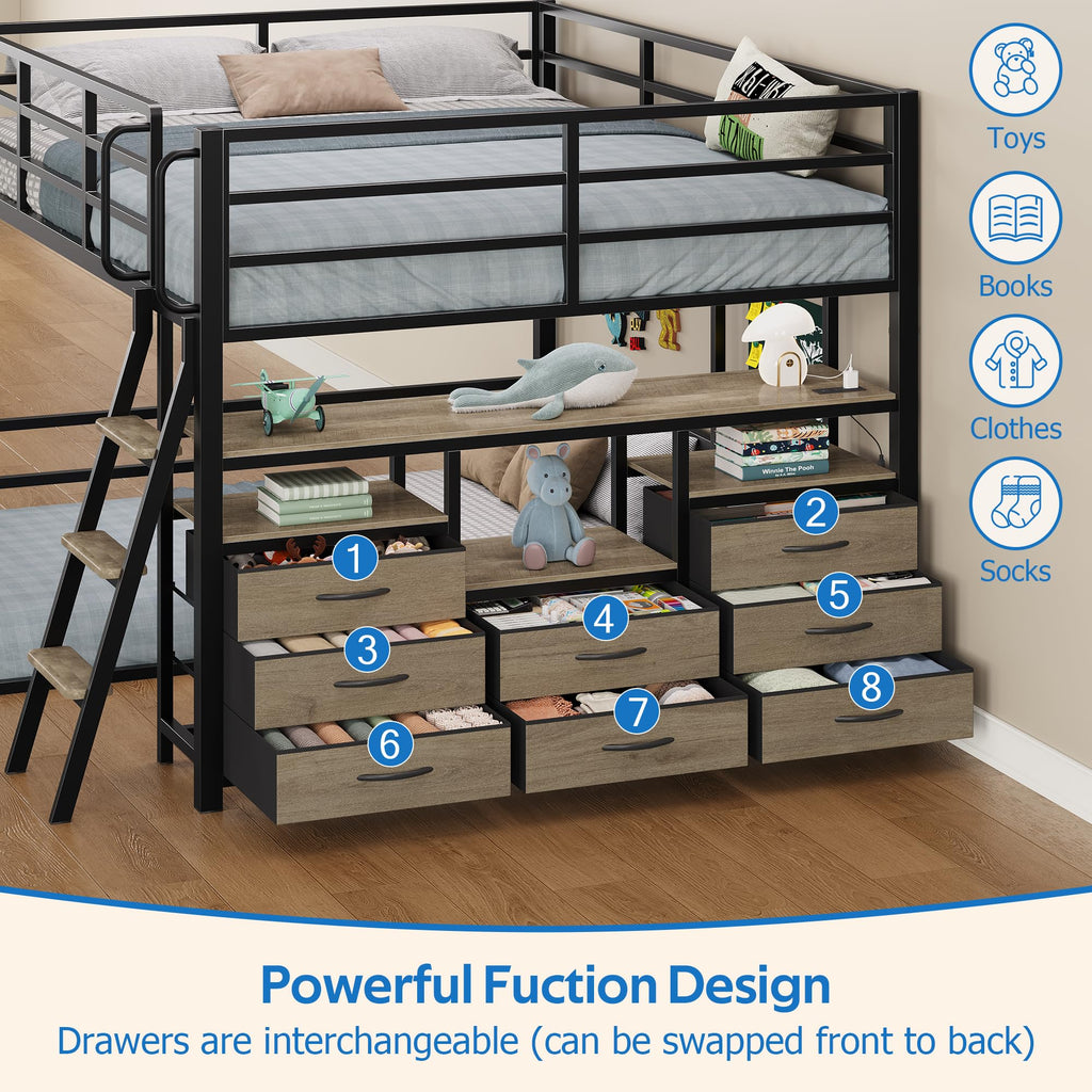 Full Over Twin Bunk Bed with 8 Drawers Grey B502