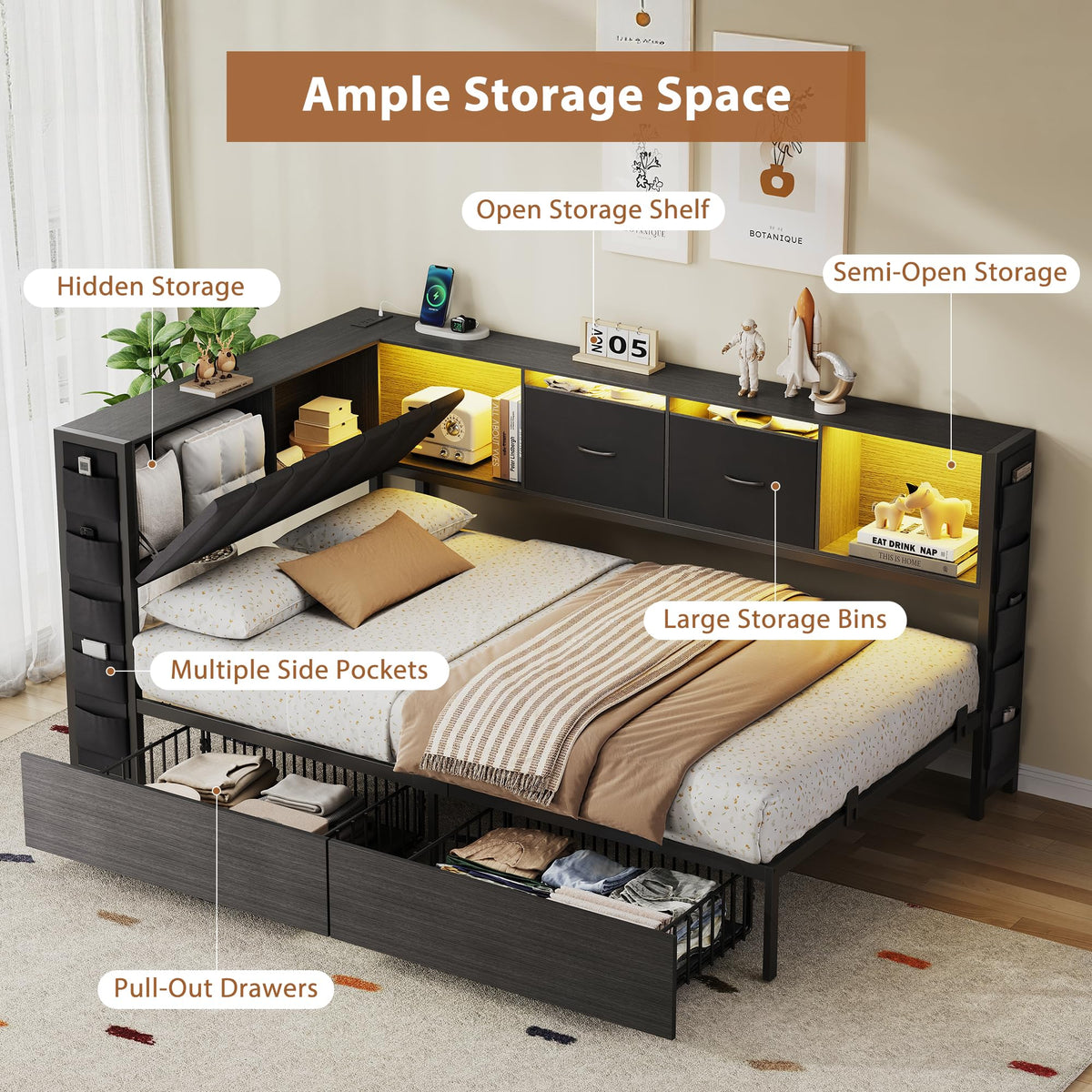 Twin Corner Bed Frame with Upholstered Storage Headboard and Drawers, LED Light and Charging Station, Black A6057