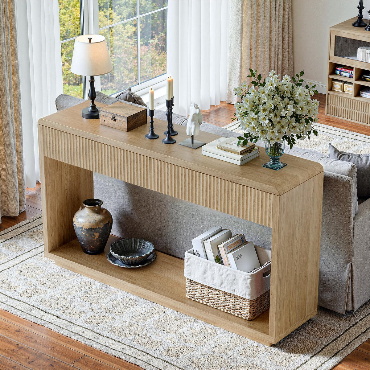 59'' Oak Console Table with Drawers W909004
