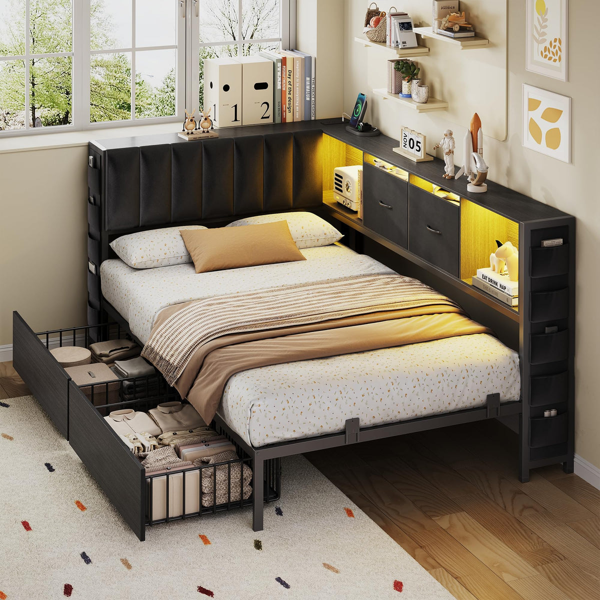 Twin Corner Bed Frame with Upholstered Storage Headboard and Drawers, LED Light and Charging Station, Black A6057