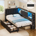 Twin Corner Bed Frame with Upholstered Storage Headboard and Drawers, LED Light and Charging Station, Black A6057