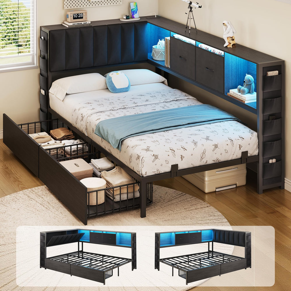 Twin Corner Bed Frame with Upholstered Storage Headboard and Drawers, LED Light and Charging Station, Black A6057